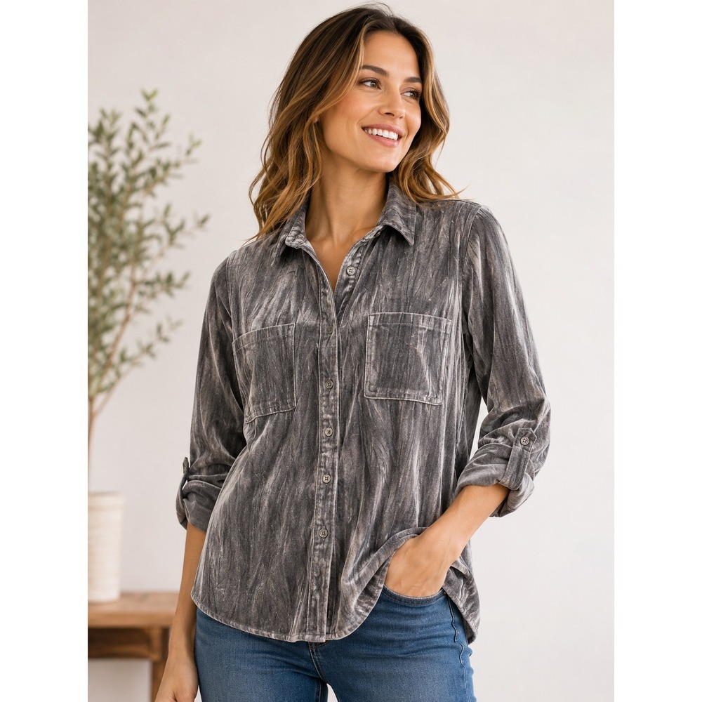 Maurices Gray Crushed Velvet Button Up Shirt Women's Large NWT